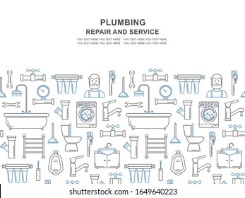 Seamless pattern with line style plumbing icons, place for text. Thin line flyer for plumbing service. Bathroom background with outline icons of bathtub, wrench, shower, pipe, drop, meter, plunger