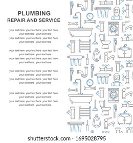 Seamless pattern with line style plumbing icons, place for text. Thin line flyer for plumbing service. Bathroom background with outline icons of bathtub, wrench, shower, pipe, drop, meter, plunger