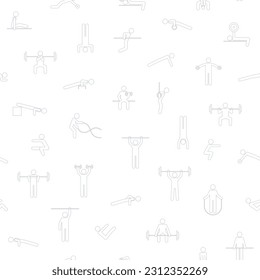 Seamless pattern of line symbols workout, athletic, gym, fitness, calisthenics training exercises. Continuous print of people making sports in gymnasium. Isolated outline vector illustration