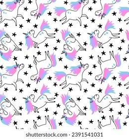 Seamless pattern with line unicorn with colorful mane and stars on white background. Childish or girly concept. Vector illustration.