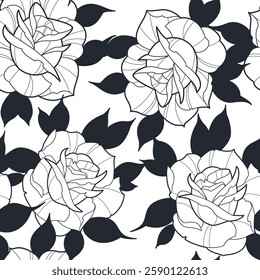 Seamless pattern line work floral roses with black leafs