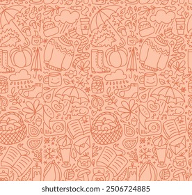 Seamless pattern with linear autumn doodles. Cute attributes, cozy fall elements. Scarf, socks, tea cup, mushrooms, apple, pumpkin, leaves, and clouds. Vector outline hand drawn illustration.