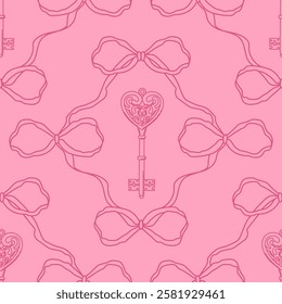 Seamless pattern with linear bow knots and vintage heart shaped key. Editable vector illustration for wrapping paper, packaging, fabric, wallpaper, phone case etc. 