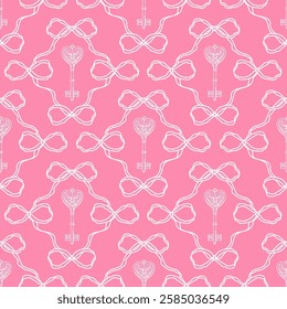 Seamless pattern with linear bow knots and vintage heart shaped key. Editable vector illustration for wrapping paper, packaging, fabric, wallpaper, phone case etc. 