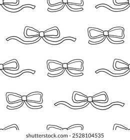 Seamless pattern with linear bows. Vector outline background with ribbons in retro style. Coquette and ballet core