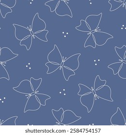 Seamless pattern with linear butterflies. White insects on dark blue background. Simple drawing silhouette flying moth. Repeating vector background. For printing, paper, cards, textiles. Trendy design