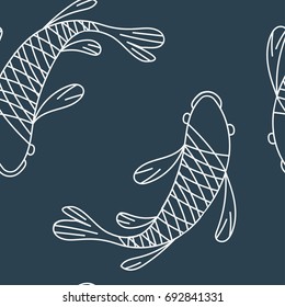 Seamless pattern linear carps koi on blue background. Vector illustration.