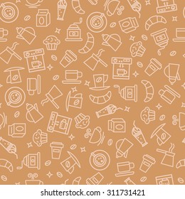 Seamless pattern with linear coffee icons.Elements of the coffee-break for your design. Vector illustration.