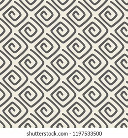 Seamless pattern with linear curly rhombus tiles ornament. Abstract modern hand drawn simple background. Vector illustration.
