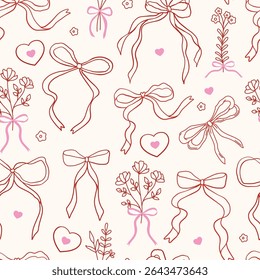 Padrão contínuo com lineares lineares nós de arco bonito, fitas. e buquês de flores. Acessório de trançada de cabelo moderno. Ilustração vetorial para papel de embrulho, embalagem, tecido, papel de parede, telefone cas