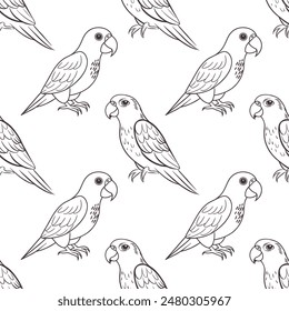 Seamless pattern, linear drawings of tropical parrots on a white background. Cute macaw birds. Design for textile, background, print