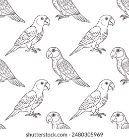 Seamless pattern, linear drawings of tropical parrots on a white background. Cute macaw birds. Design for textile, background, print