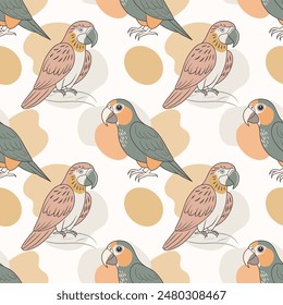 Seamless pattern, linear drawings of tropical parrots on a background of abstract shapes. Cute macaw birds. Design for textile, background, print