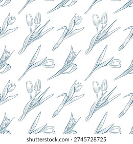 Seamless pattern of linear drawings of tulip flowers. Minimalistic illustration.