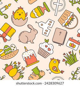 Seamless Pattern of Linear Easter Icons and Spring Holiday Elements. American Church, Easter Cake Kulich, Bunny, Colored Eggs, Christianity Bible, Flip Calendar, Cupcake, Baby Chicken and Eggshell