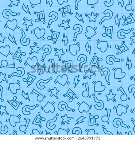 Seamless pattern of linear elements of hearts, lightning bolts and signs on a checkered background like in a back to school notebook