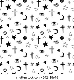 seamless pattern with linear eyes, triangles, moon, month,star, cross, circle.