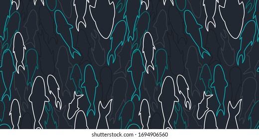 seamless pattern with linear fish silhouettes on a dark background. Modern abstract design for paper, cover, fabric, interior decor