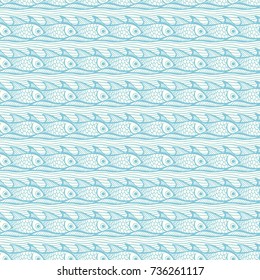 Seamless pattern - linear fishes on waves. Vector background
