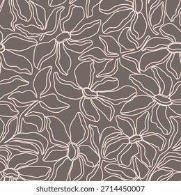 Diseño floral lineal de patrón sin costuras. Abstractas, dibujado a mano, Grande, contornos de colores claros de flores y hojas sobre fondo beige. Impresión moderna, de moda para la tela, los textiles, la ropa, y la decoración casera. Ilustración vectorial.