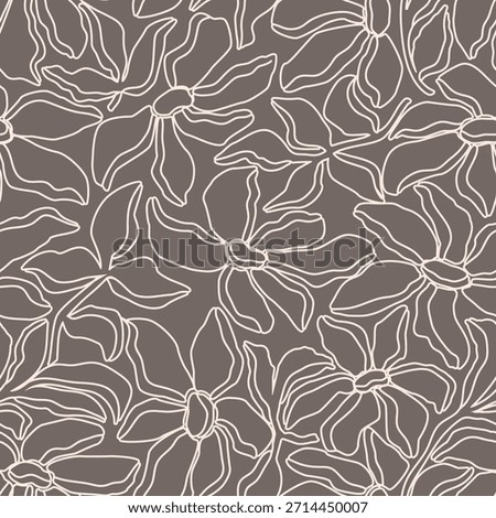 Seamless pattern linear floral design. Abstract, hand-drawn, large, light-colored outlines of flowers and leaves on beige background. Modern, fashionable print for fabric, textiles, clothing, and home decor. Vector illustration.