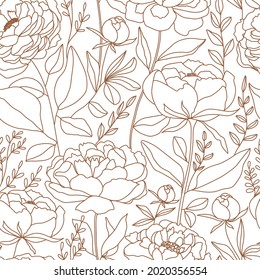 Seamless pattern of linear flowers, branch and leaves in trendy style. Simple boho texture for wrapping paper, packaging, fabric, wallpaper etc. Vector design.