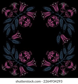 Seamless pattern of linear flowers and fruits of a pomegranate tree