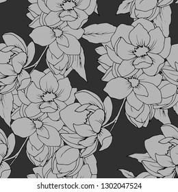 seamless pattern, linear pattern, flowers and magnolia leaves