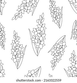 Seamless pattern with linear gladiolus flowers from black outlines on a white background. Simple print with garden plants. Vector contour graphics in vintage floral style for fabric, paper wrapping