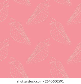 Seamless pattern of linear green strawberry quarters on pink background. Ideal for packaging, backgrounds and item design.