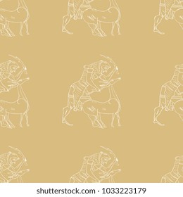 Seamless pattern with linear hand drawn scene from ancient Greek mythology. Heracles and Ceryneian Hind. Labours of Hercules. Based on ancient vase painting image.