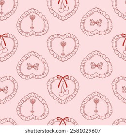 Seamless pattern with linear heart shaped pillow with ruffles, cherries, bows, vintage key on pink background. Vector illustration for wrapping paper, packaging, fabric, room decor, phone case etc.