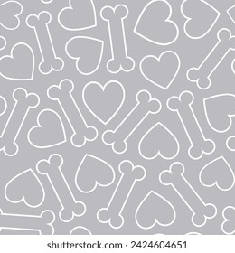 Seamless pattern of linear hearts and dog bones on a gray background