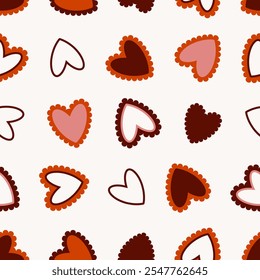 Seamless pattern with linear hearts and hearts with ruffles in love-themed colors for Valentine's Day. Pattern design for the celebration of love. Feelings, love, emotions. A pattern for gift wrapping