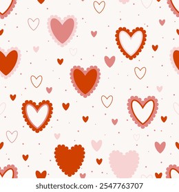 Seamless pattern with linear hearts and hearts with ruffles in love-themed colors for Valentine's Day. A seamless pattern for the celebration of love. Feelings, love, emotions. For gift wrapping