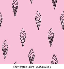 Seamless pattern. Linear ice cream in an elegant waffle cone. Summer menu. Minimal design