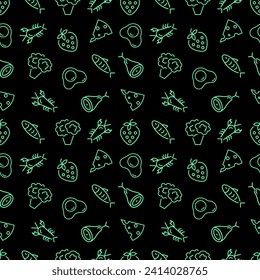 Seamless pattern of linear icons with keto diet concept on black background. Healthy lifestyle. Vegetables, cheese, eggs, berries, meat, fish, seafood.