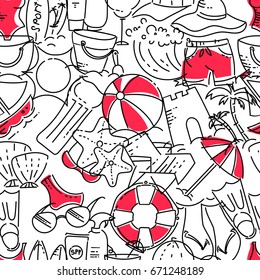Seamless pattern of linear icons of Vacation at sea.