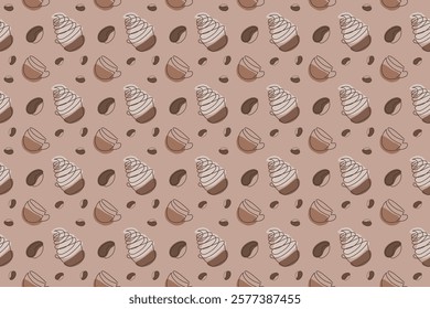 Seamless pattern with linear images of cupcake, cup and coffee beans in the fashionable color of 2025. Vector graphics