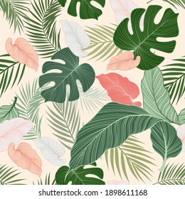 Seamless pattern linear leaves abstract white background. Tropical jungle foliage 
illustration. fashion print and wallpaper.