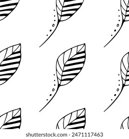 Nahtloses Muster mit linearen Blättern. Abstrakte dekorative gestreifte Blätter, Botanisches Design für Bildschirmhintergrund, Verpackung, Verpackung, Textil, Scrapbooking, Einladung, Karte. Schwarz-Weiß Natürliches Element