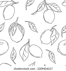 Seamless pattern with linear lemons and leaves