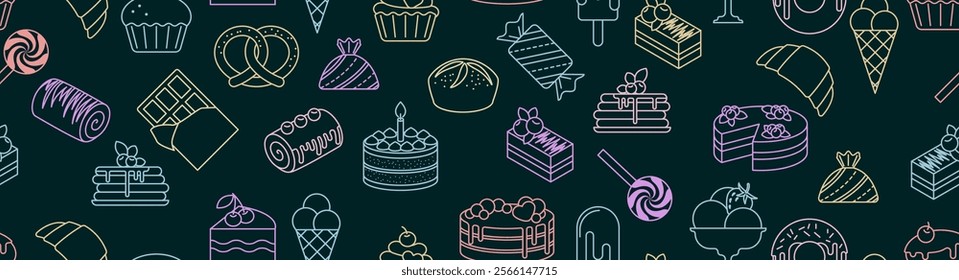 Seamless pattern with linear light dessert icons on a dark green background.   Sweet desserts. Various cakes, pastries, muffins, ice cream. candies, sweet pastries. Vecto