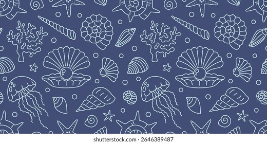 Seamless pattern with linear ocean elements like shells, jellyfish, corals and starfish. Elegant monochrome marine background. Vector illustration on dark blue background, editable stroke, hand drawn