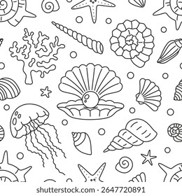 Seamless pattern with linear ocean elements like shells, jellyfish and  starfish. Elegant monochrome marine background. Vector illustration on transparent background, editable stroke, hand drawn