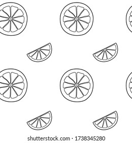 Seamless pattern with linear orange fruits isolated on white background. Sketch for coloring booking page,print, textile, background. Vector illustration