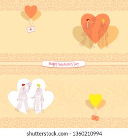 Seamless pattern with linear ornament and a scene of meeting lovers.
Picture for wrapping paper for Valentine's Day.