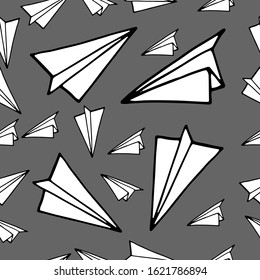 Seamless pattern with linear paper planes. Hand drawn background. Adult coloring book.