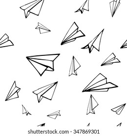 Seamless pattern with linear paper planes. Hand drawn background. Adult coloring book.