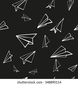 Seamless pattern with linear paper planes. Hand drawn background.